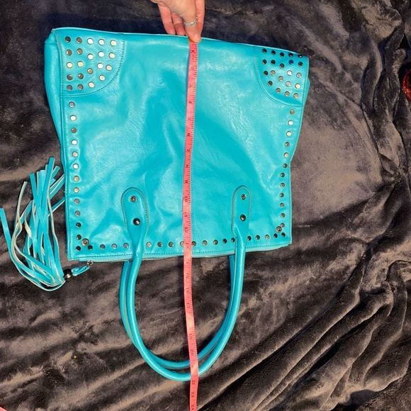Revolution Turquoise Blue Leather Studded Shoulder Bag Top Handle Purse Tassel - Picture 11 of 13